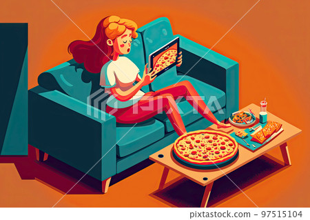 Girl sitting on couch with pizza ordered in food delivery service 97515104