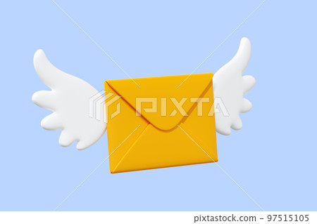 Flying letter with wings 3d render illustration. Cartoon winged paper yellow envelope for fast delivery of newsletter. Flying letter with wings 3d render illustration. Cartoon winged paper yellow envelope for fast delivery of newsletter. 97515105