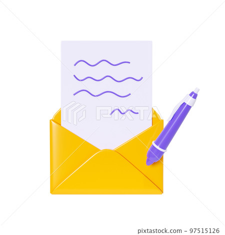 Letter 3d render - open yellow envelope with signed paper card and pen isolated on white. Letter 3d render - open yellow envelope with signed paper card and pen isolated on white. 97515126