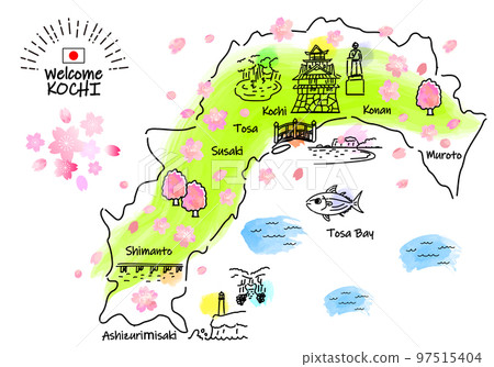 Simple line drawing illustration map of tourist spots in Kochi Prefecture in spring (green) Simple line drawing illustration map of tourist spots in Kochi Prefecture in spring (green) 97515404