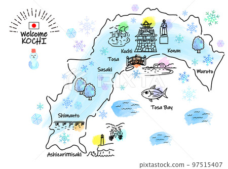 Simple line drawing illustration map of sightseeing spots in Kochi Prefecture in winter 97515407
