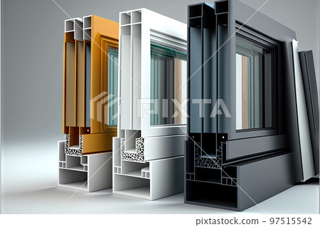 Multi-colored plastic windows profile in section for installing windows in house Multi-colored plastic windows profile in section for installing windows in house 97515542