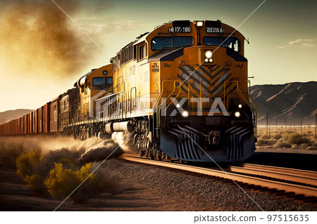 Yellow cargo train rides on rails among dusty empty steppe Yellow cargo train rides on rails among dusty empty steppe 97515635