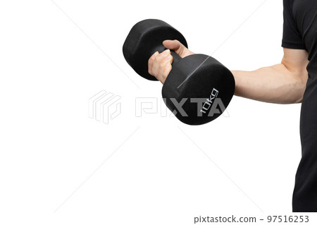 A man doing muscle training with a 10 kg dumbbell 97516253