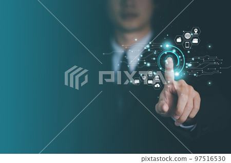 Businessman hand touch biometric identification fingerprint scanner, Username and password (Login) with encryption for technology cyber security internet and networking system. 97516530
