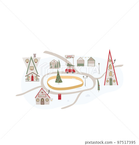 Cute Christmas city map with road, decoration, house, ice rink, trees. Vector illustration for card, banner. 97517395
