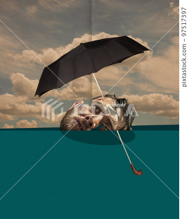 Man in deep depression go with the flow. Modern design, contemporary art collage. Inspiration, idea, trendy urban style. Copy space for text or ad. Surrealism. Man in deep depression go with the flow. Modern design, contemporary art collage. Inspiration, idea, trendy urban style. Copy space for text or ad. Surrealism. 97517397