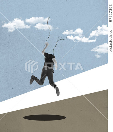 Man running, flying. Modern design, contemporary art collage. Inspiration, idea, trendy urban style. Copy space for text or ad. Surrealism. 97517398