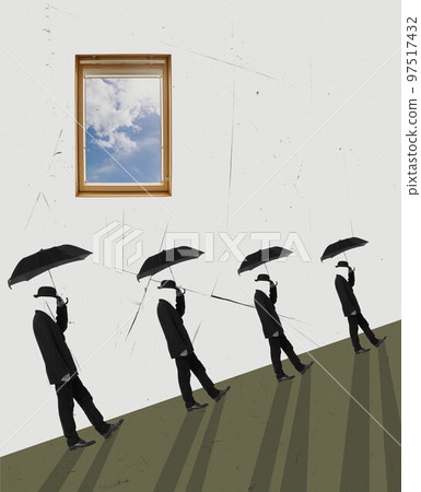Invisible persons going with umbrellas. Modern design, contemporary art collage. Inspiration, idea, trendy urban style. Copy space for text or ad. Surrealism. 97517432