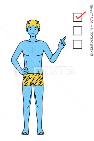 Blue demon man wearing tiger pattern pants pointing to checklist, traditional event, Setsubun Blue demon man wearing tiger pattern pants pointing to checklist, traditional event, Setsubun 97517449