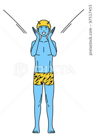Ao-oni man wearing tiger pattern pants with his hand over his mouth to attract people, traditional event, Setsubun 97517455