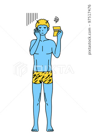 A blue demon man wearing tiger-patterned pants looking at his bankbook, traditional event, Setsubun 97517476