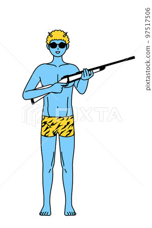 Ao-oni man wearing tiger pattern pants wearing sunglasses and holding a rifle, traditional event, Setsubun Ao-oni man wearing tiger pattern pants wearing sunglasses and holding a rifle, traditional event, Setsubun 97517506