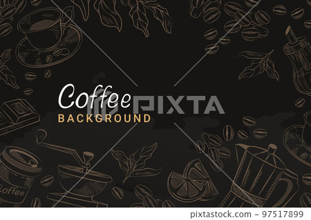 dark coffee background with hand drawn illustrations in a circle dark coffee background with hand drawn illustrations in a circle 97517899