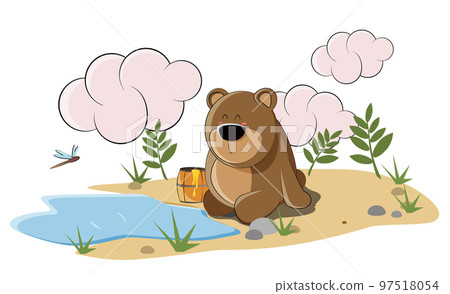 A cute bear sits by the lake and eats honey from his barrel A cute bear sits by the lake and eats honey from his barrel 97518054