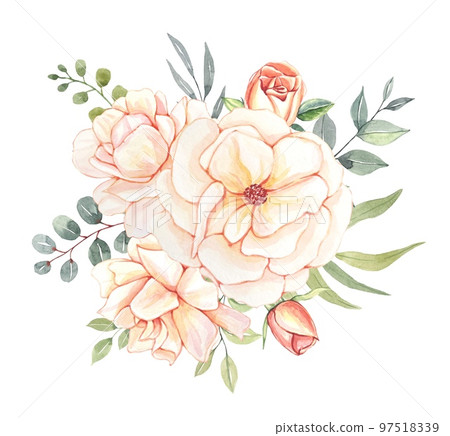 Floral watercolor bouquet with delicate blush roses and leaves , isolated on white background 97518339