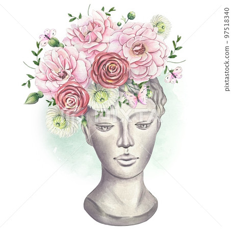 Floral vintage bouquet with pink roses, a bouquet in a plaster head. Watercolor illustration Floral vintage bouquet with pink roses, a bouquet in a plaster head. Watercolor illustration 97518340