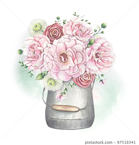 Floral vintage bouquet with pink roses, bouquet in a bucket. Watercolor illustration 97518341