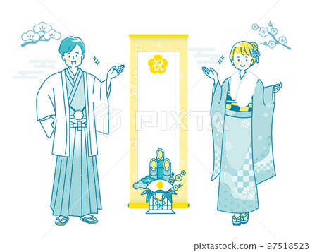 掛軸與盛裝男女插畫套裝素材 掛軸與盛裝男女插畫套裝素材 97518523