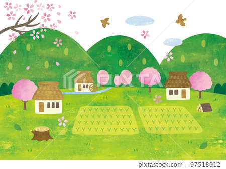 Japanese cherry blossom and countryside landscape watercolor background 97518912