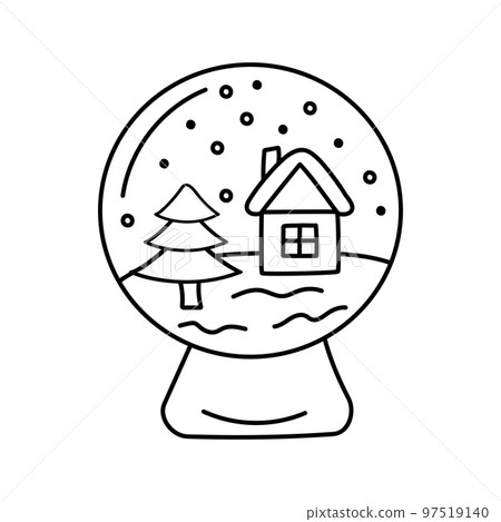 Christmas snow globe with winter house and fir tree in doodle style. Traditional Christmas and New Year souvenir. Christmas snow globe with winter house and fir tree in doodle style. Traditional Christmas and New Year souvenir. 97519140