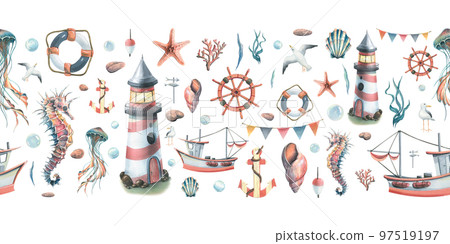 Marine underwater animals, a lighthouse and a boat. Watercolor illustration on a white background. Horizontal, seamless border, banner from the SYMPHONY OF THE SEA collection. For the design 97519197