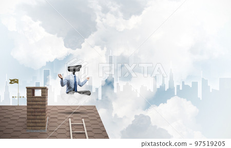 Concept of security and privacy protection with camera headed man meditating Concept of security and privacy protection with camera headed man meditating 97519205