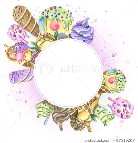 Various ice cream in waffle cones, popsicles, balls with confectionery sprinkles, topping. Watercolor illustration. Round frame from the ICE CREAM collection. For the design and design of menus 97519207