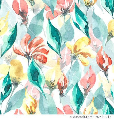 Simple flowers and leaves in the alla prima technique. In coral, yellow and turquoise colors. Watercolor illustration. Seamless pattern on a white background from the HAPPY BIRTHDAY collection. Simple flowers and leaves in the alla prima technique. In coral, yellow and turquoise colors. Watercolor illustration. Seamless pattern on a white background from the HAPPY BIRTHDAY collection. 97519212