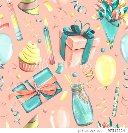 Gifts, delicious drinks, cupcake, flowers, balloons and confetti, candles for cake. Watercolor illustration. Seamless pattern on a pink background from the HAPPY BIRTHDAY collection. For design. 97519214