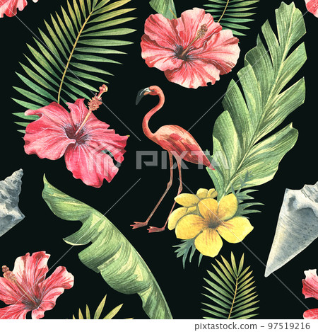 Tropical leaves, hibiscus flowers, seashell and pink flamingo. Watercolor illustration. Seamless pattern on a black background from the CUBA collection. For fabric, textiles, wallpaper, packaging. 97519216