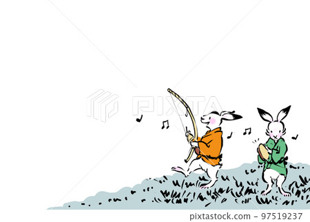 Japanese style illustration of rabbits playing capoeira instruments 97519237