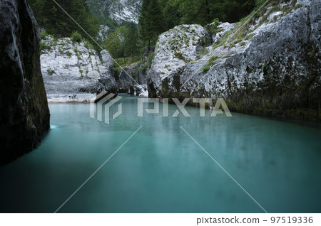 Low angle view of beautiful majestic turquoise soca river 97519336