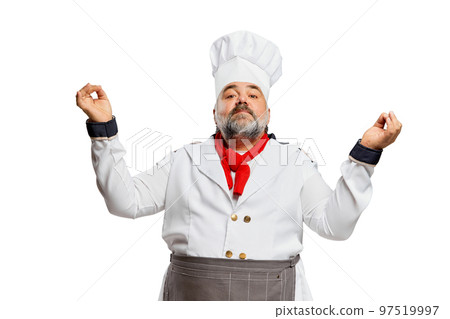 Portrait of bearded man, restaurant chef in uniform posing with proud professional look isolated on white background Portrait of bearded man, restaurant chef in uniform posing with proud professional look isolated on white background 97519997