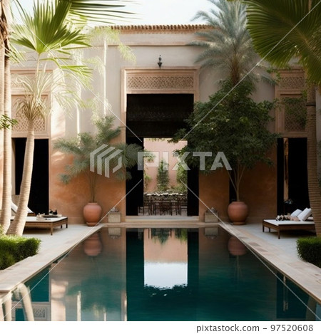 Concept art illustration of swimming pool in moroccan riad Concept art illustration of swimming pool in moroccan riad 97520608
