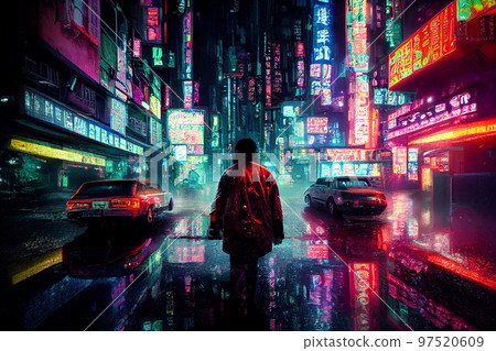 Concept art illustration of cyberpunk city at rainy night Concept art illustration of cyberpunk city at rainy night 97520609