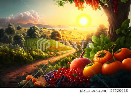 Concept art illustration of fruits and vegetables in a beautiful landscape Concept art illustration of fruits and vegetables in a beautiful landscape 97520618