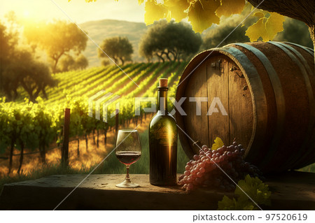 Illustration of wine bottle and glass of wine in vineyard Illustration of wine bottle and glass of wine in vineyard 97520619
