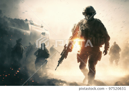 Concept art illustration of army soldier on war 97520631