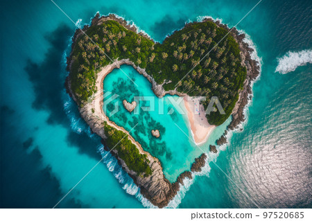 Concept art illustration of beautiful tropical island in the shape of heart 97520685