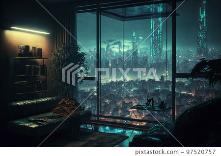 Concept art 3d illustration of cyberpunk apartment interior 97520757