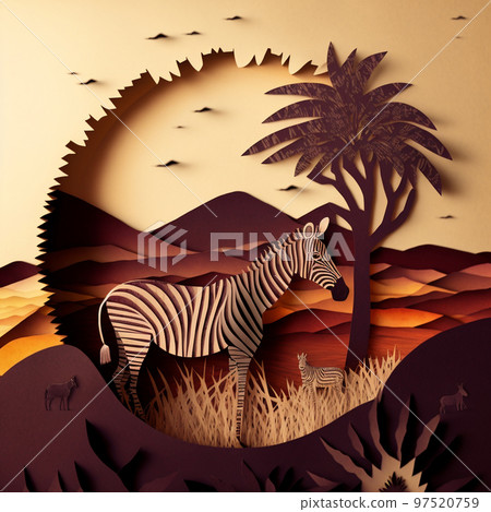 Papercut illustration of zebra in african savanna Papercut illustration of zebra in african savanna 97520759