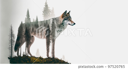 Generative AI illustration of wolf and forest double exposure 97520765