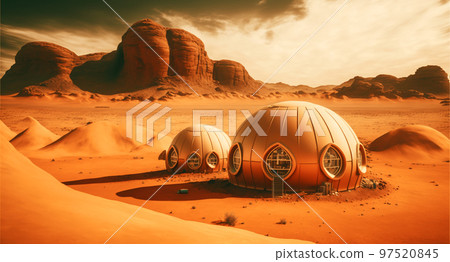 Generative AI illustration of human colony base on Mars planet Generative AI illustration of human colony base on Mars planet 97520845