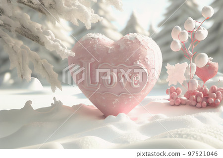 3D illustration of ice heart with LOVE and Christmas tree in winter wonderland setting. Great for Valentine's Day or Christmas. 97521046