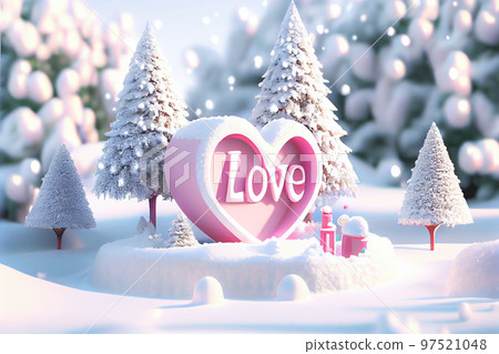3D illustration of ice heart with LOVE and Christmas tree in winter wonderland setting. Great for Valentine's Day or Christmas. 97521048