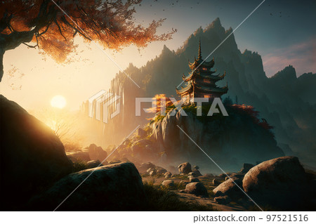 Concept art illustration of temple in Shangri La fictional land Concept art illustration of temple in Shangri La fictional land 97521516