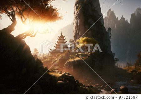 Concept art illustration of Shangri-La fictional land Concept art illustration of Shangri-La fictional land 97521587