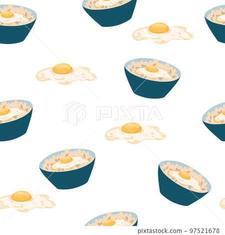 Poke bowl seamless pattern. Asian food background. Poke bowl with rice, egg, meat, fish, shrimp and seaweed. Perfect for restaurant cafe and print menus. Vector hand draw cartoon illustration. 97521678