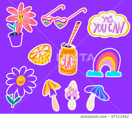 Vector Set Of Cute Funny Patches And Stickers In 90s Style.Modern